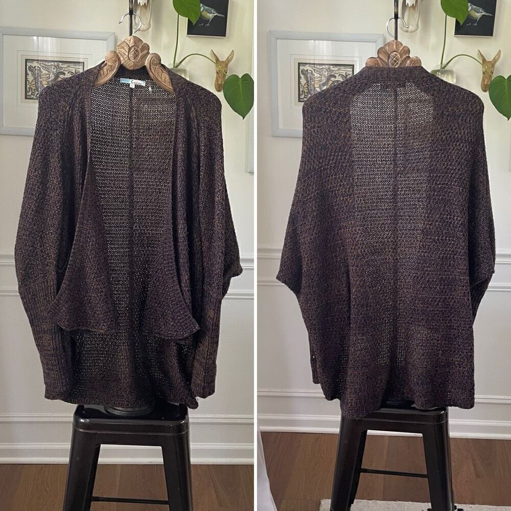Cecico Womens Brown Navy Blue Drape Open Front Cardigan Sweater Pockets L